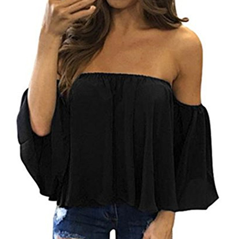 Stylish Women Off Shoulder Casual Blouse Shirt Tops Strapless Pure Color Bell Puff Sleeve Tops ► Photo 1/6