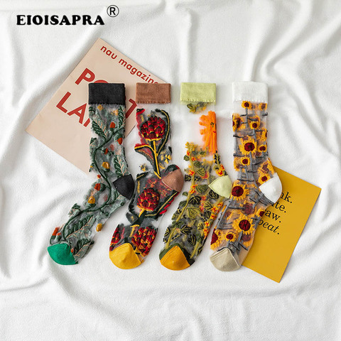 Creative Harajuku New Product Crystal Silk Tide Socks Funny Sunflowers Vines Flowers Happy Women Socks Casual High Quality Sox ► Photo 1/6