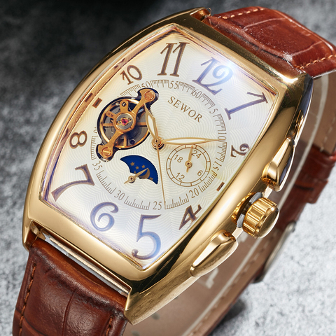 Luxury Automatic Mechanical Watches Men Moon Phase Skeleton Retro Self Winding Wristwatch Male Gold Case Clock Leather Watches ► Photo 1/6