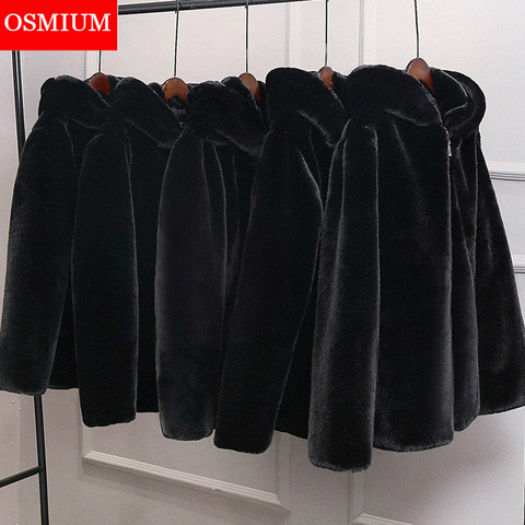 Autumn Winter Men Faux Fur Coat Black Fake Fur Mink Fur Jacket Oversize Mens Plush Fluffy Hooded Windbreaker Zip Up Top Overcoat ► Photo 1/6