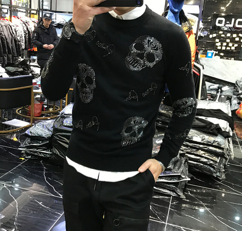 Men's 2022 winter Korean style personality fit fashion brand skull heavy technology hot drilling sweater man ► Photo 1/6