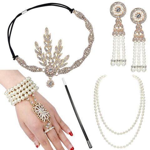 1920s Great Gatsby Accessories Set for Women 20s Costume Flapper Headband Pearl Necklace Bracelet Earring Cigarette Holder ► Photo 1/6