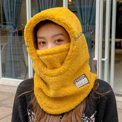 Autumn Winter New Women Warm Cap Outdoor Hooded Collar Head Cover Thick Plush Velvet Mask Scarf One Piece Hat ► Photo 1/6