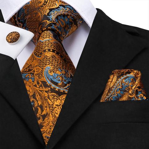 Hi-Tie 100% Silk Luxury Mens Ties Floral Black Gold Ties Paisley NeckTie Pocket Square Cufflinks Set Men's Wedding Party Tie ► Photo 1/6