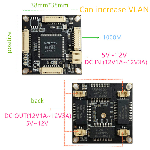 10/100/1000M 4 port gigabit Ethernet switch pcba for embedded integrated module DC 5V 12V1A-3A IN DC OUT VLAN Through current ► Photo 1/6