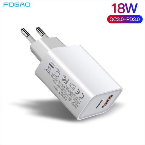 FDGAO PD Charger Dual USB 18W QC 3.0 Adapter Fast Charging Type C Phone Travel Wall Quick Charge 3.0 EU/US/UK Plug For iPhone 12 ► Photo 1/6