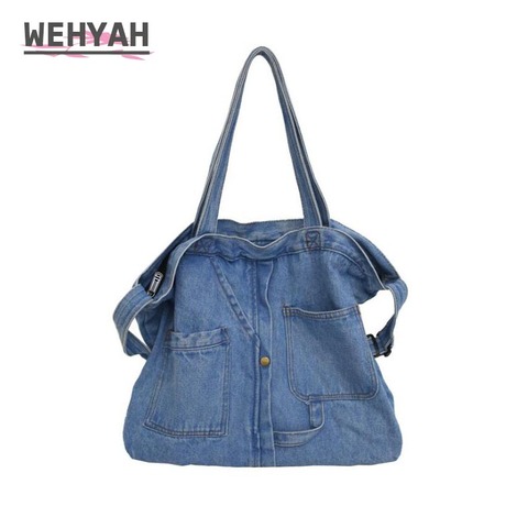 Wahyah Denim Messenger Bags for Woman Japan Style Unisex Casual Shoulder Bag School Bag Clutch Purse Large Jeans Bag Solid ZY159 ► Photo 1/6