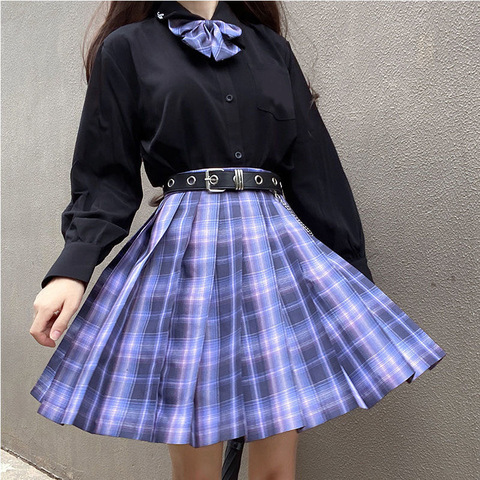 [Romantic Athanasy] Long/Short Sleeve Stundent Lady Girls High Waist Plaid Pleated Skirts JK School Uniform Anime Clothes  Black ► Photo 1/6