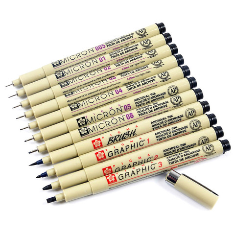 1pcs Pigment Liner Ink Marker Pen 0.05 0.1 0.2 0.3 0.4 0.5 0.6 0.8 Different Tip Black Fineliner Sketching Brush Pen Pens ► Photo 1/6