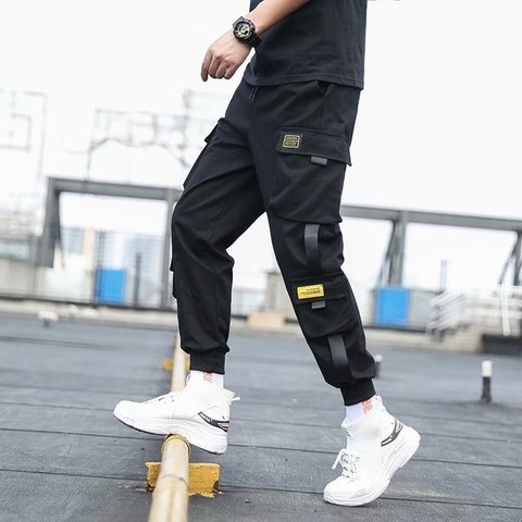 Men's Side Pockets Cargo Harem Pants 2022 Ribbons Black Hip Hop Casual Male Joggers Trousers Fashion Casual Streetwear Pants ► Photo 1/6