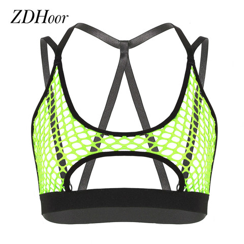 Womens Hollow Out Fishnet Vest Crop Tops Halter Neck Elastic Crisscross Back Cutout Underboob Tank tops Rave Party Club Costumes ► Photo 1/6