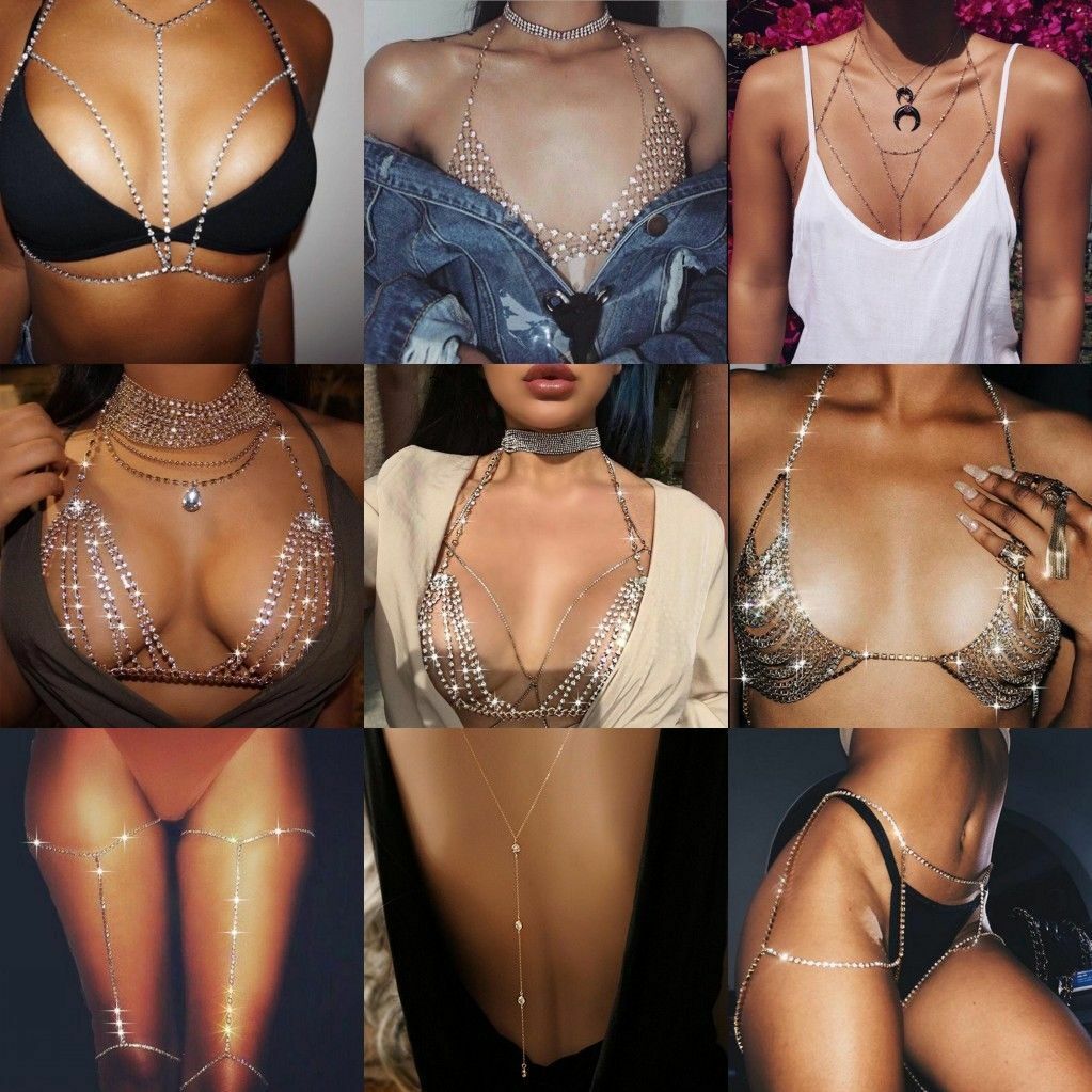 Sexy Sequins Bra Body Chain Bikini Shiny Luxury Harness Necklace Body  Jewelry for Wedding Beach Body Accessories (Sliver)