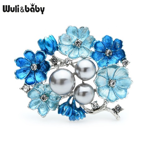 Wuli&baby Big Pearl Blue Enamel Brooches Women Alloy Rhinestone Weddings Banquet Flower Brooch Pins Gifts ► Photo 1/3