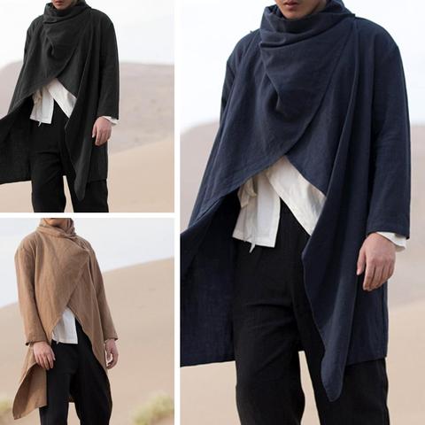 Men Coats Long Sleeve Scarf Collar Trench Ponchos Cotton Outwear Solid Cloak Vintage Irregular Jackets Men Streetwear ► Photo 1/6