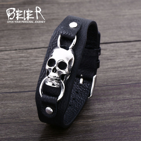 Beier 316L stainless steel Punk Skull Adjustable High Quality Leather Men's Bracelet Party Biker Fashion Jewelry LLBC-L052L ► Photo 1/6