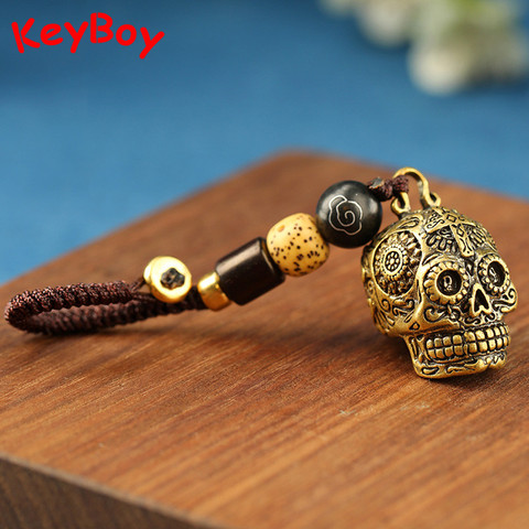 Brass Punk Skull Head Keychains Pendants Pure Copper Metal Skeleton Helmet Motorcycle Car Key Chain Rings Braied Rope Keyrings ► Photo 1/6