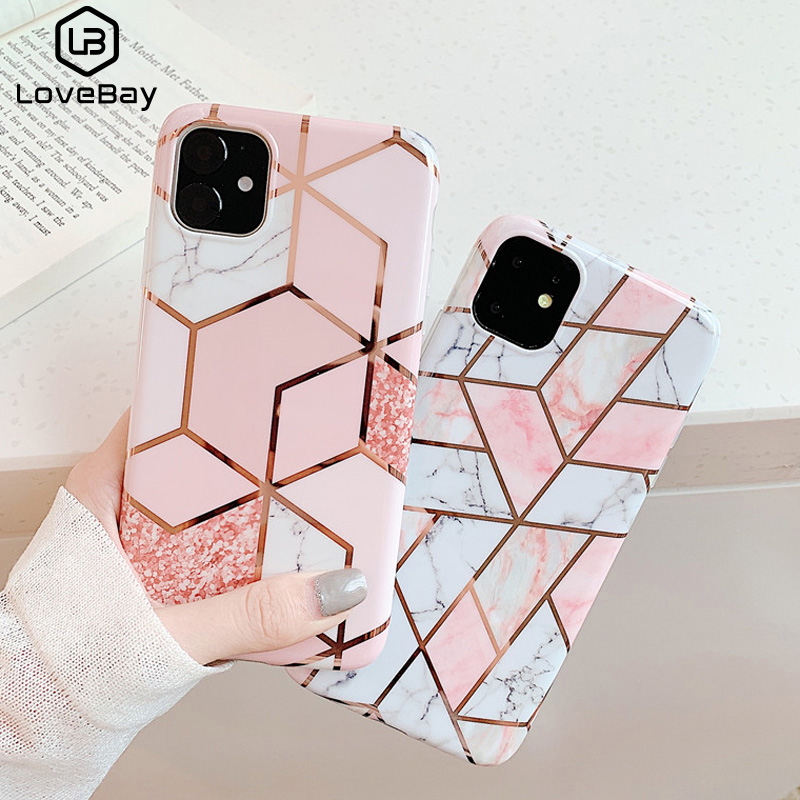 Marble Phone Case iPhone 11 12 Pro Max iPhone X XR XS Geometric Luxury Marble Phone Case With Golden Glitter Texture