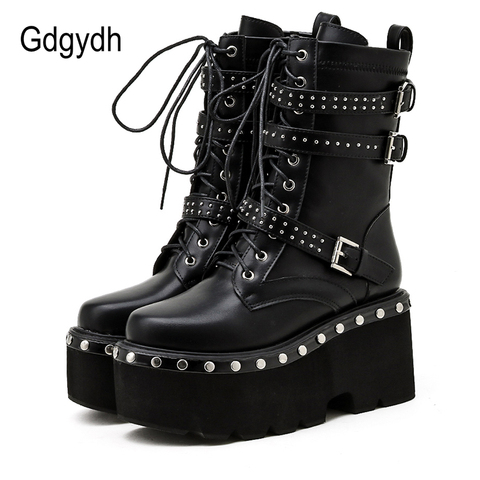 Gdgydh 2022 Spring Lace-Up Motorcycle Boots For Women Round Toe Thick Platform High Heels Female Ankle Boots Gothic Style Shoes ► Photo 1/6