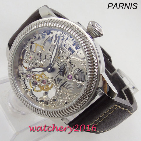 Luxury 44mm PARNIS Hollow men's watch luminous hands 17 jewels mechanical 6497 skeleton hand winding movement Men's watch ► Photo 1/6