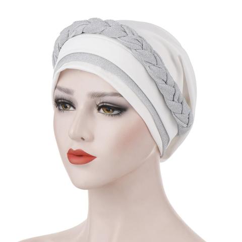 New Silky Bright Wire Braided Turban Hat Women Islamic Inner Hijab Caps Muslim Headscarf Chemo Headwrap Beanies Hair Accessories ► Photo 1/6