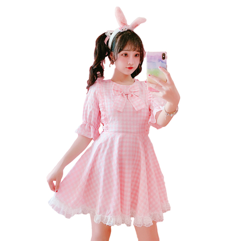 2022 Summer Lolita Soft Girl Cute Kawaii Dress Sweet Lace Short Sleeve Plaid Vintage Dresses Women Princess Ruffles Pink Dresses ► Photo 1/6