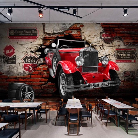 Custom Photo Wallpaper Retro Red Car Broken Wall Murals Restaurant Cafe Bar Background Wall Decor 3D Waterproof Thicken Sticker ► Photo 1/1