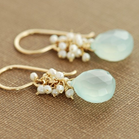 Seafoam Chalcedony Seed Pearl Earrings Handmade Gold Dangle Earrings with Pearl Clusters ► Photo 1/6