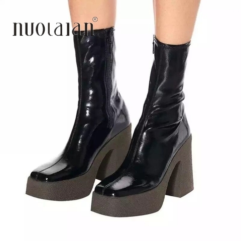 NEW 2022 autumn winter brand elastic leather shoes for women ankle boots sexy high heels balck brown female platform boots ► Photo 1/6
