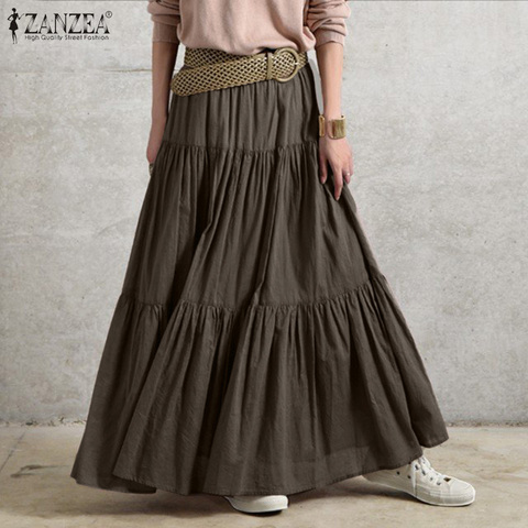 2022 ZANZEA Spring Solid Skirts Vintage Women's Ruffle Sundress Casual Elastic Waist Long Vestidos Female Robe Femme Oversized ► Photo 1/6