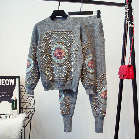 Autumn Winter New Fashion Tracksuit Women 2 piece set Beaded Embroidery Long Sleeve Sweater Casual Long Pants Female Knitted Set ► Photo 1/6