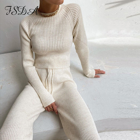 FSDA 2022 Women Set Sweater Top Long Sleeve And Biker Pants Autumn Winter White Casual Two Piece Set Warm Outfits Knitted ► Photo 1/6