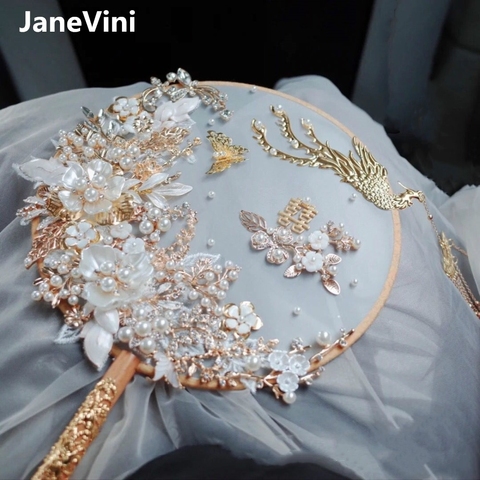 JaneVini Luxury Gold Phoenix Chinese Bridal Hand Bouquets Fan Type Artificial Flowers Pearls Metal Wedding Jewelry Accessories ► Photo 1/6