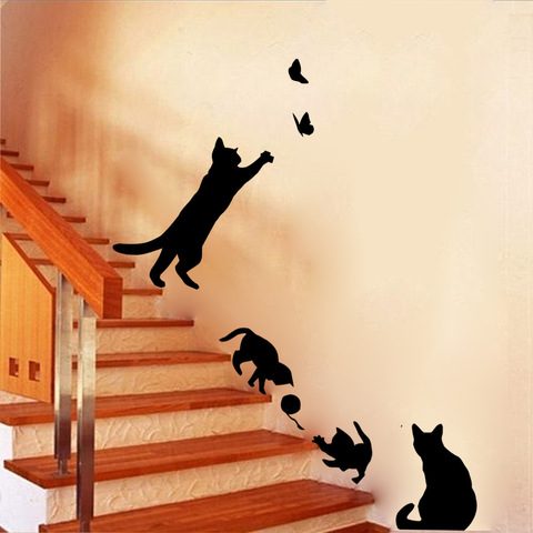 New Arrived Cat Play Butterflies Wall Sticker Removable House Decoration Decals for Bedroom Kitchen Living Room Walls Decor ► Photo 1/5