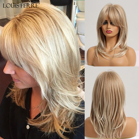 LOUIS FERRE Synthetic Medium Wavy Natural Wig with Bangs Women African American Hair Ombre Gloden Blonde Ash Middle Part Wigs ► Photo 1/6