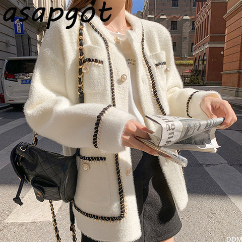 Asapgot White Mink Cashmere Sweater Coat Women Autumn Winter Lazy Style Korean Retro Black Loose O Neck Knitted Cardigan Fashion ► Photo 1/6