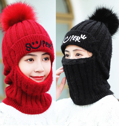 Winter Girl Child Thick Warm Knitted Beanie Women's Letter Embroidery Cotton Pom pom Knitting Skullies Cap Neck Warm Balaclava ► Photo 1/6