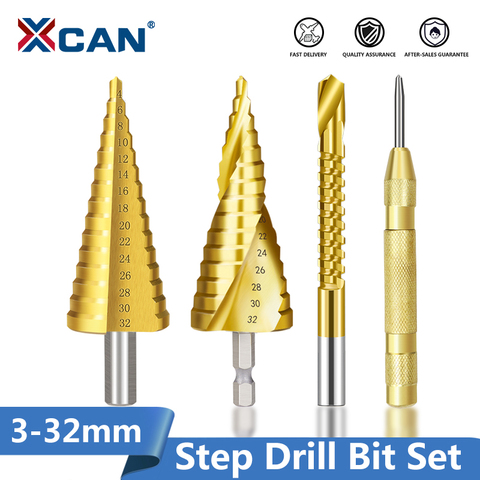 XCAN HSS Step Drill Bits Set 3-13 -20 4-32mm with Center Punch Drill Titanuim Coated Wood Metal Cone Drill Bit Hole Cutter Set ► Photo 1/6