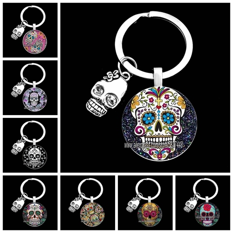 Exquisite Colorful Sugar Skull Pendent Glass Keychain Skeleton and Flower Key Ring for Unisex ► Photo 1/6