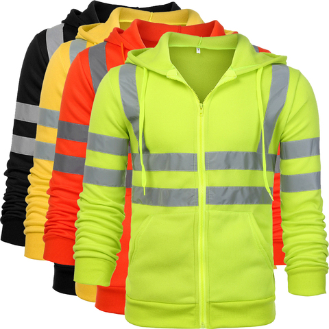 Men's High Visibility Safety Hoodied Sweatshirt Pullover Hi Vis Fleece jacket With Reflective Tripes Workwear ► Photo 1/6