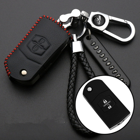 Leather Car Key Case Shell For Mazda 2 3 6 CX5 CX-7 CX-5 Folding Remote Fob Cover Keychain Holder Protector Bag Auto Accessories ► Photo 1/6