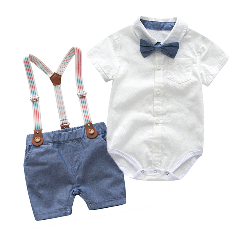 Kid Baby Boy Summer Gentleman Bowtie Short Sleeve Shirt+Suspenders Shorts Set US