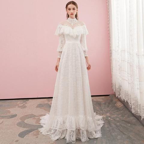 Victorian Lace Long Sleeve Bridal Gown with Train High Neck Vintage Glamour Wedding Dress Custom Made Real Photos 2022 New #3007 ► Photo 1/6