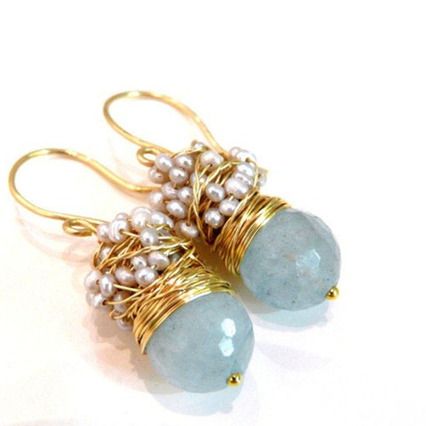 Aquamarine earrings with big faceted aquamarine and silver pearls earrings ► Photo 1/6