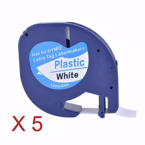 5 Compatible Dymo LetraTag 91201 Black on White (12mm x 4m) Plastic Label Tapes ► Photo 1/6