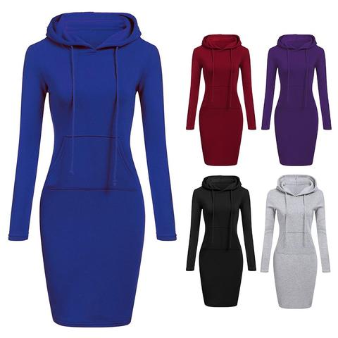 Autumn Winter Women Pocket Solid Color Long Sweatshirt Pullover Hoodie Dress ► Photo 1/6