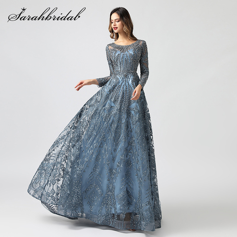 New Arabic Dubai Evening Dresses Luxury Long Sleeves Beaded O Neck Crystal Formal Party Gown Women Robe De Soiree Vestido WT5608 ► Photo 1/6