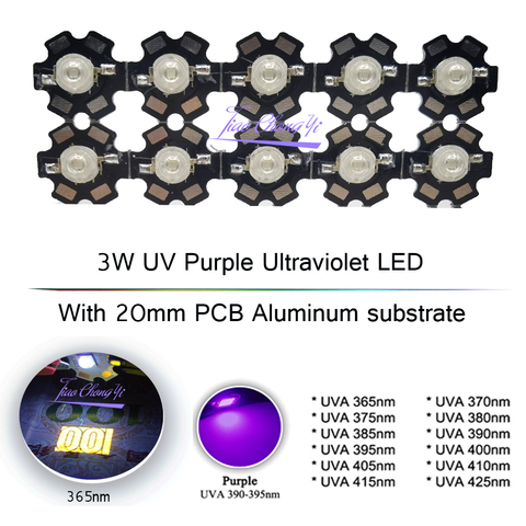 3W UV Purple LED Ultraviolet Bulbs Lamp Chips 365nm 375nm 380nm 385nm 395nm 405nm 410nm 420nm with 20mm PCB Aluminum substrate ► Photo 1/6