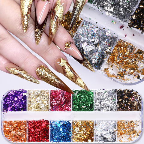 12 Grids Nail Art Foil Flakes Gold Silver, Sparkly Gold Silver