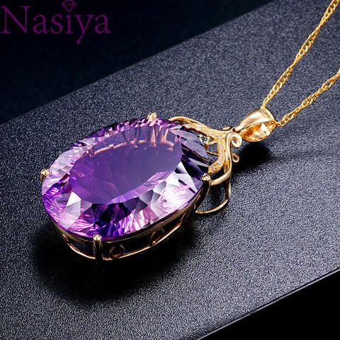 Gemstone Charm18k Gold Plated 36CT Amethyst Color Oval Crystal Pendant Necklace Lady Wedding Jewelry ► Photo 1/6