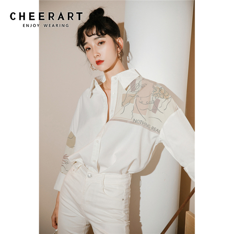 CHEERART Patchwork Long Sleeve Blouse Women 2022 Autumn Button Up Collar White Shirt Tops And Bloues Aesthetic Clothes ► Photo 1/5